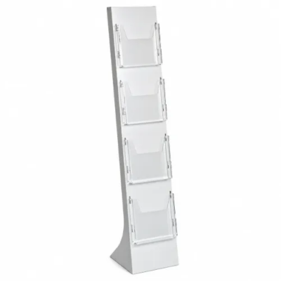 Aluminium folderhouder wit met 4 transparante acryl folderbakken voor A4 folders en brochures, geschikt voor winkels en beurzen.