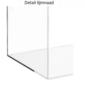 Detail van UV-verlijming bij transparante vitrine