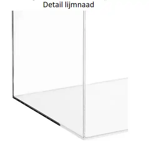 Detail van UV-verlijming bij transparante vitrine