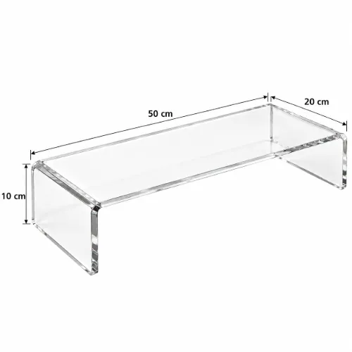 Afmetingen monitor standaard acryl: 50 cm lang, 20 cm breed en 10 cm hoog, weergegeven met maatlijnen